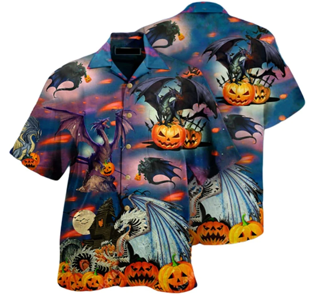 Halloween Dragon Flying And Pumpkin Pattern Beach Included Hawaiian Shirt, Button Up Aloha Shirt For Men, Women