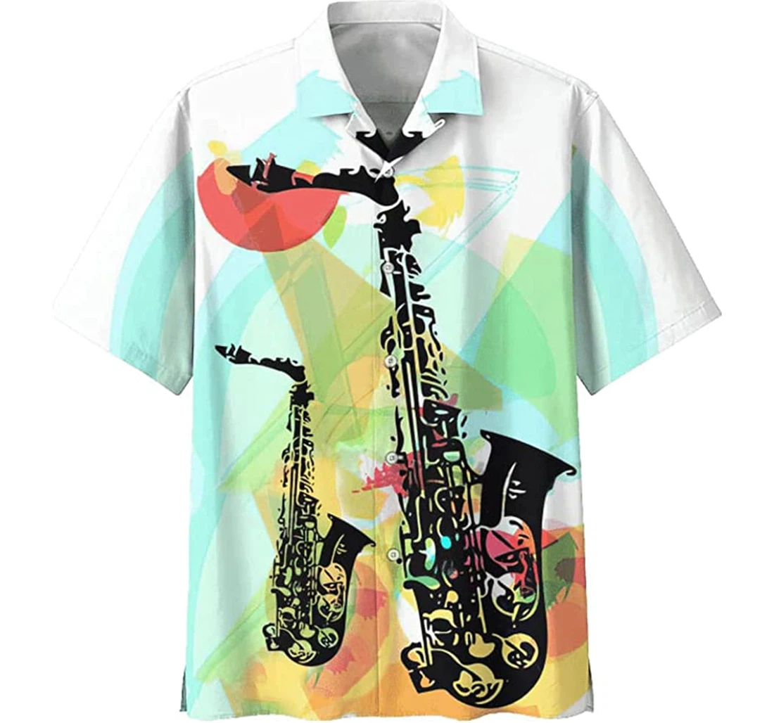 Colorful Saxophone Beach Included Hawaiian Shirt, Button Up Aloha Shirt For Men, Women