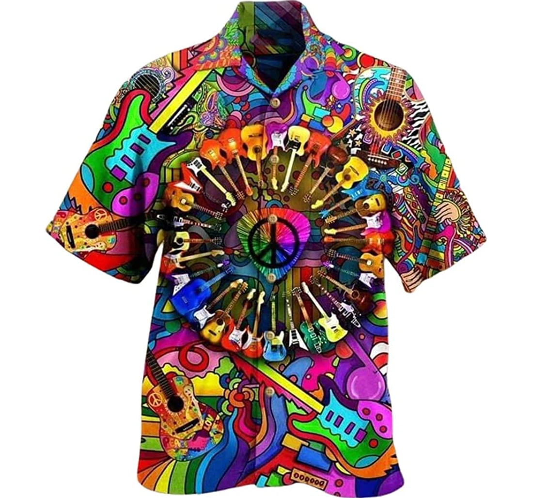 Colorful Hippie Guitar Lover Beach Included Hawaiian Shirt, Button Up Aloha Shirt For Men, Women