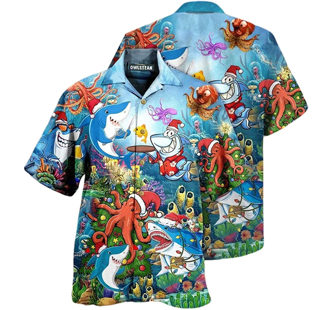 Shark Happy New Year Octupus Beach Included Hawaiian Shirt, Button Up Aloha Shirt For Men, Women