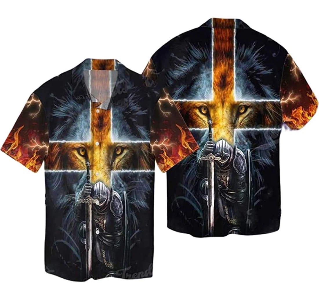 The Warrior And Lion Christian Cross Jesus Beach Included Hawaiian Shirt, Button Up Aloha Shirt For Men, Women