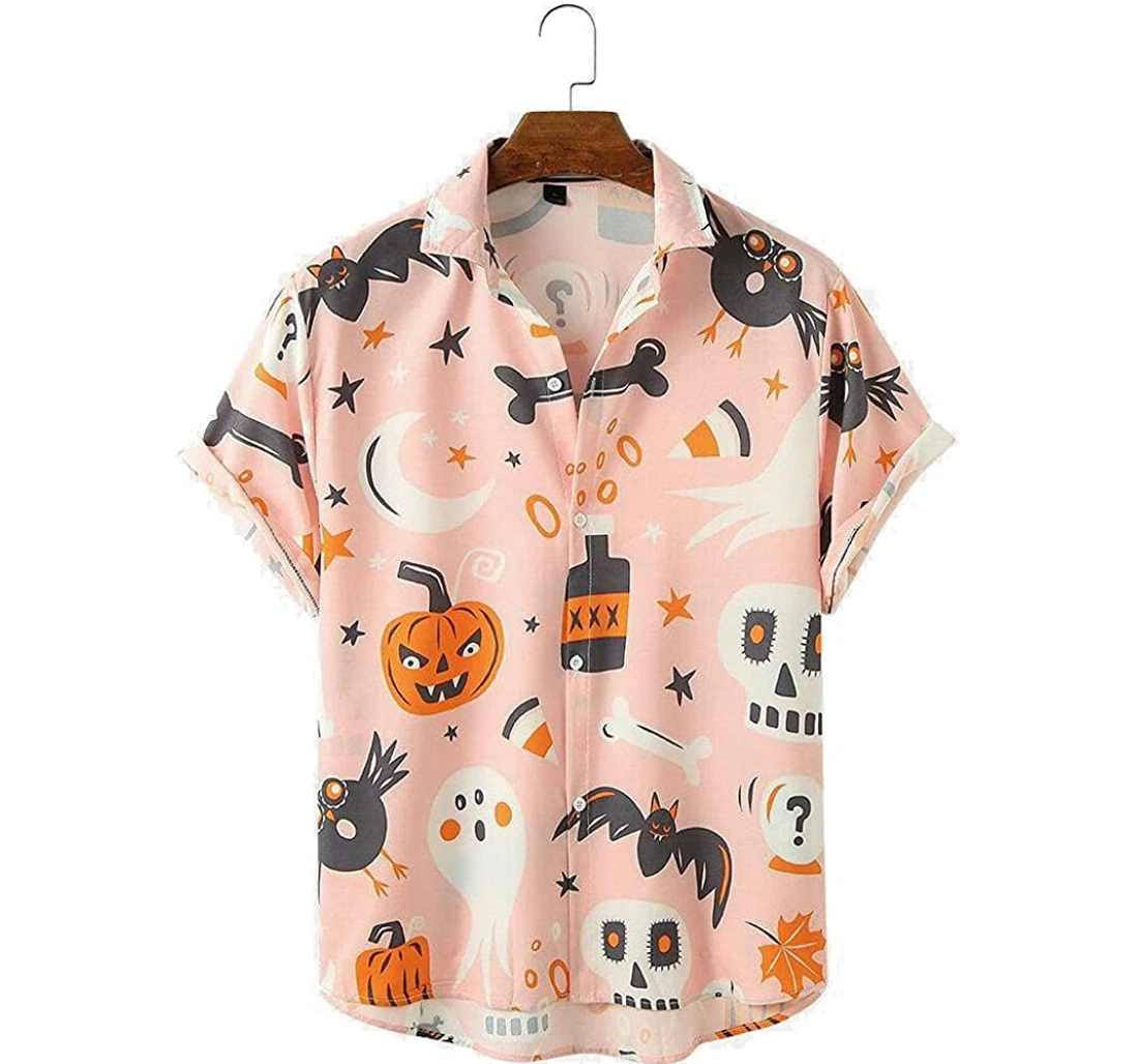 Halloween Funny Skull Pumpkin Beach Included Hawaiian Shirt, Button Up Aloha Shirt For Men, Women