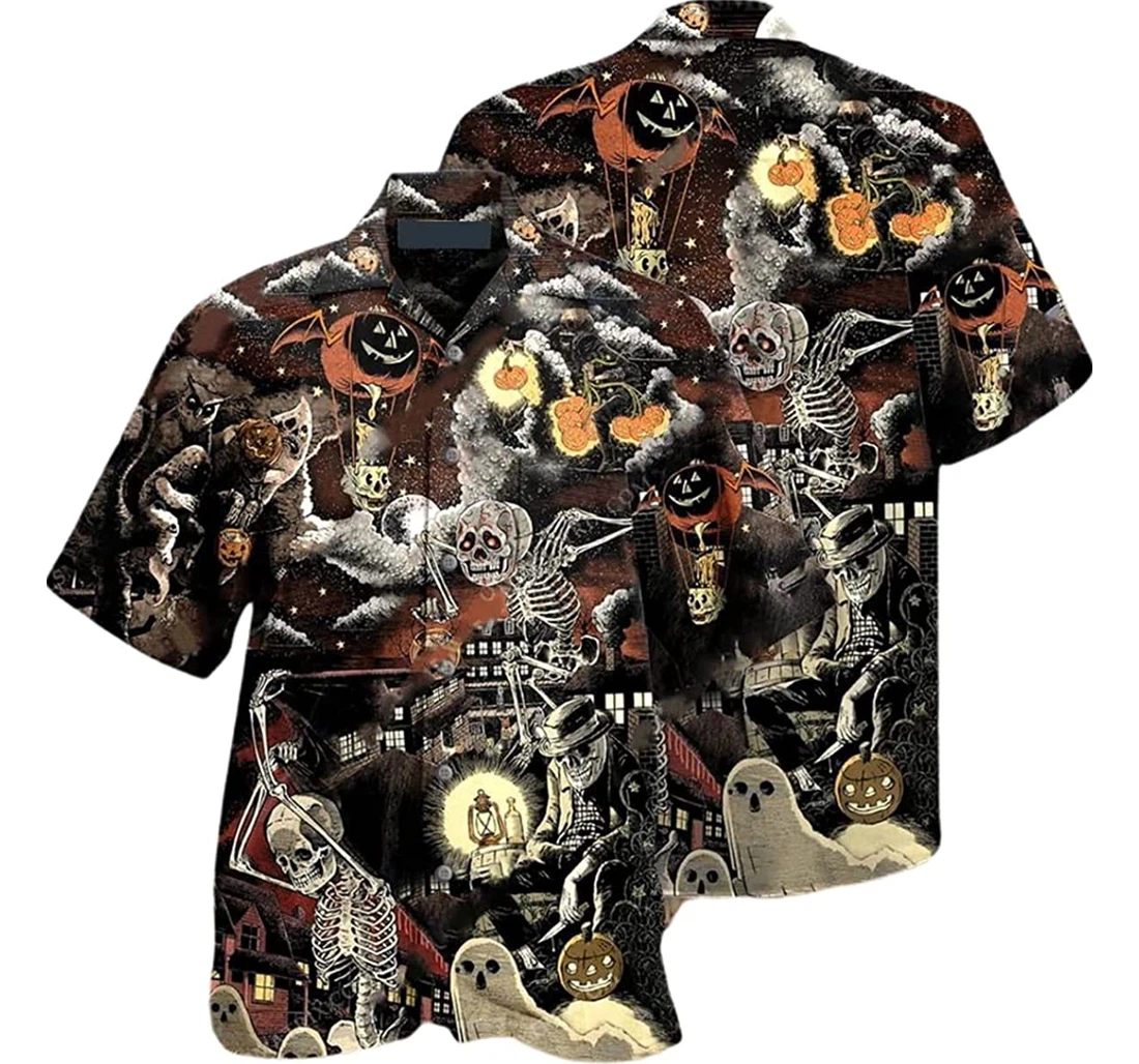 Halloween Horror Characters Skull Ghost Flying Beach Included Hawaiian Shirt, Button Up Aloha Shirt For Men, Women