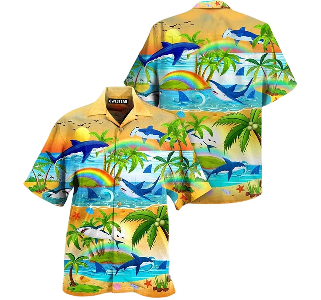 Shark Bright Rainbow And Shark Beach Included Hawaiian Shirt, Button Up Aloha Shirt For Men, Women
