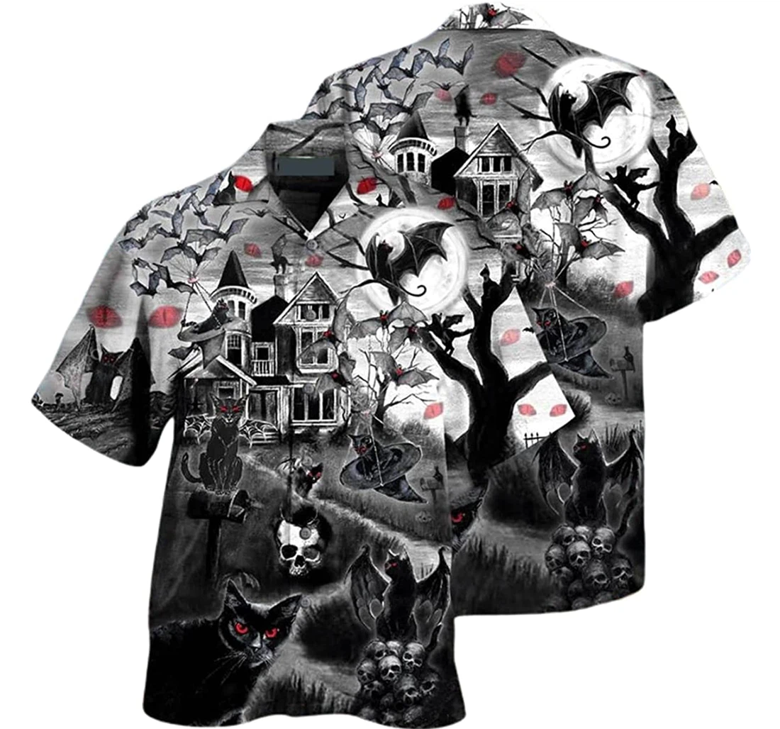Halloween Flying Cats Horror Skull Black Beach Included Hawaiian Shirt, Button Up Aloha Shirt For Men, Women