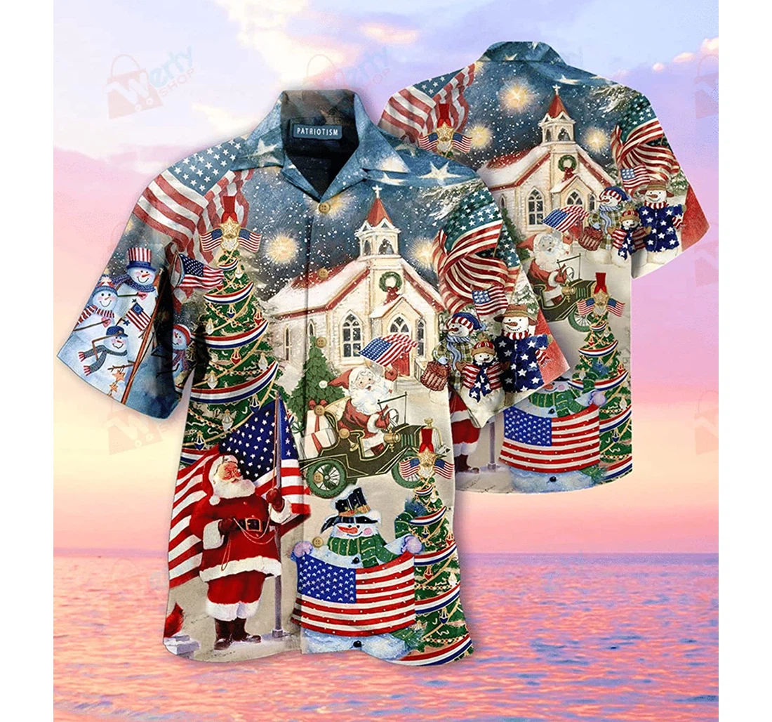 Christmas Santa Patriotism American Beach Holiday, Pool Party, Lake, Camp, Luau Funny Included Hawaiian Shirt, Button Up Aloha Shirt For Men, Women