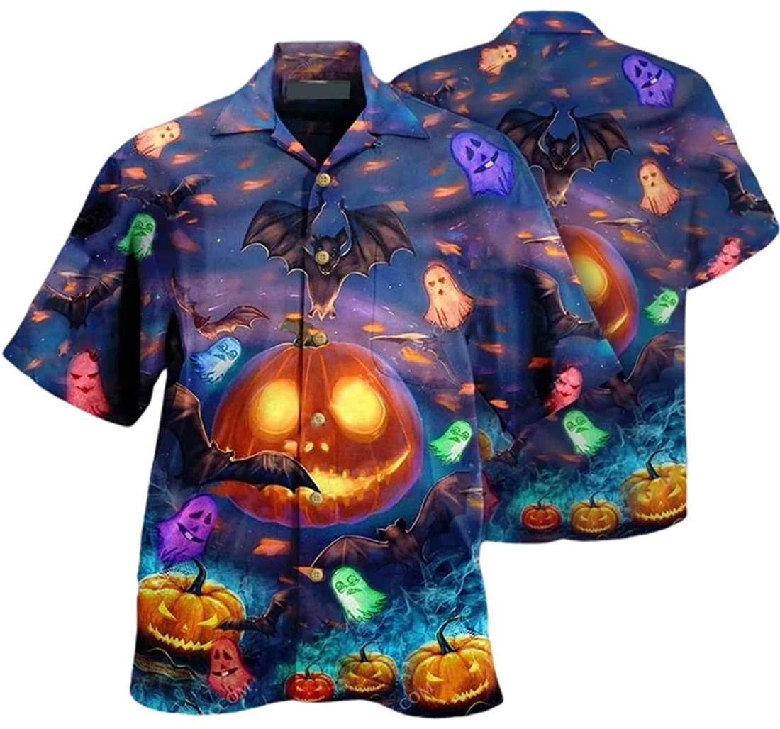 Halloween Glowing Pumpkins By Night Ghost Pattern Beach Included Hawaiian Shirt, Button Up Aloha Shirt For Men, Women