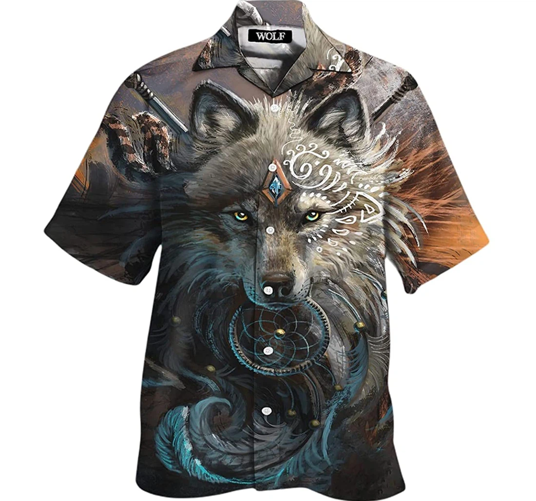Wolf With Dreamcatcher Beach Included Hawaiian Shirt, Button Up Aloha Shirt For Men, Women
