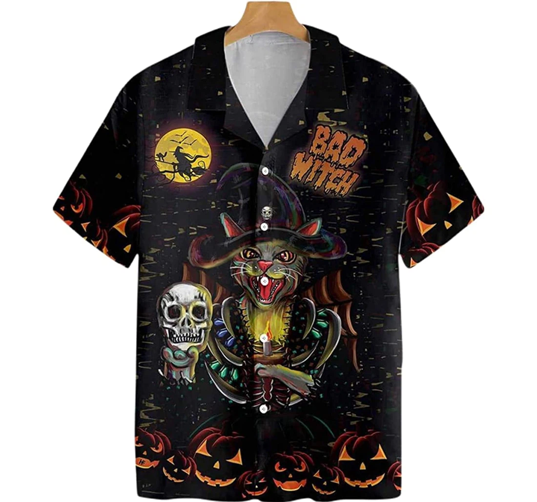 Halloween I'm A Bad Witch Cat Pumpkin Pattern Beach Included Hawaiian Shirt, Button Up Aloha Shirt For Men, Women