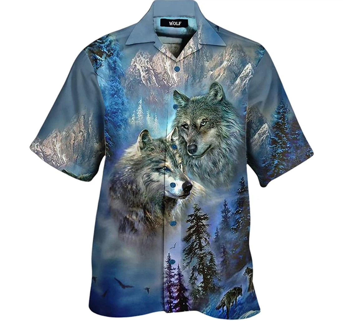 Wolf Couple With Moutnain Beach Included Hawaiian Shirt, Button Up Aloha Shirt For Men, Women