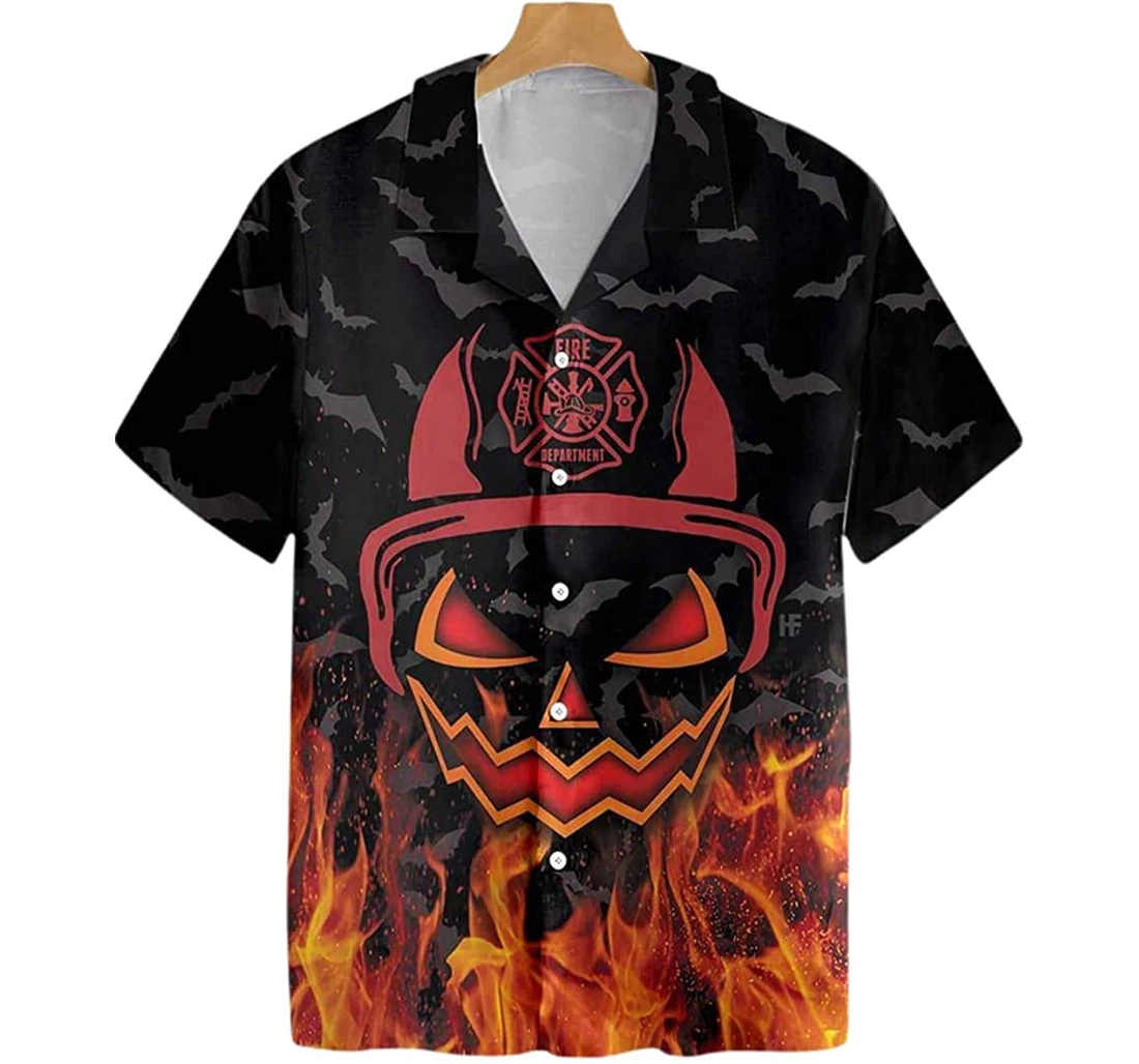 Halloween Firefighter Bat Pattern Beach Included Hawaiian Shirt, Button Up Aloha Shirt For Men, Women