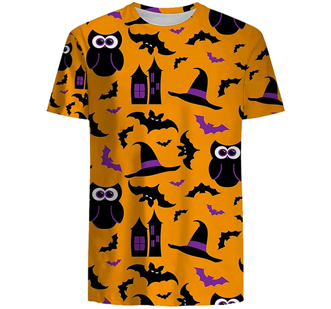 Halloween Owl Witch Bat Pattern Yellow Background - 3D Printed Pullover Hoodie