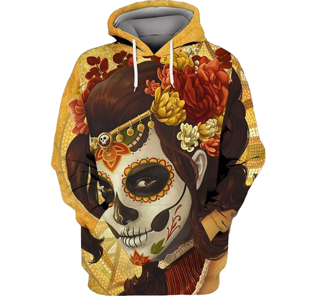 Halloween Sugar Skull Tattoo Girl Art - 3D Printed Pullover Hoodie