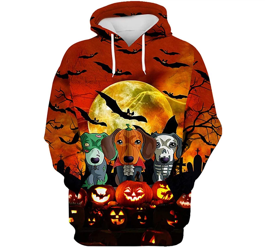 Halloween Three Dachshund Pumpkin Art - 3D Printed Pullover Hoodie