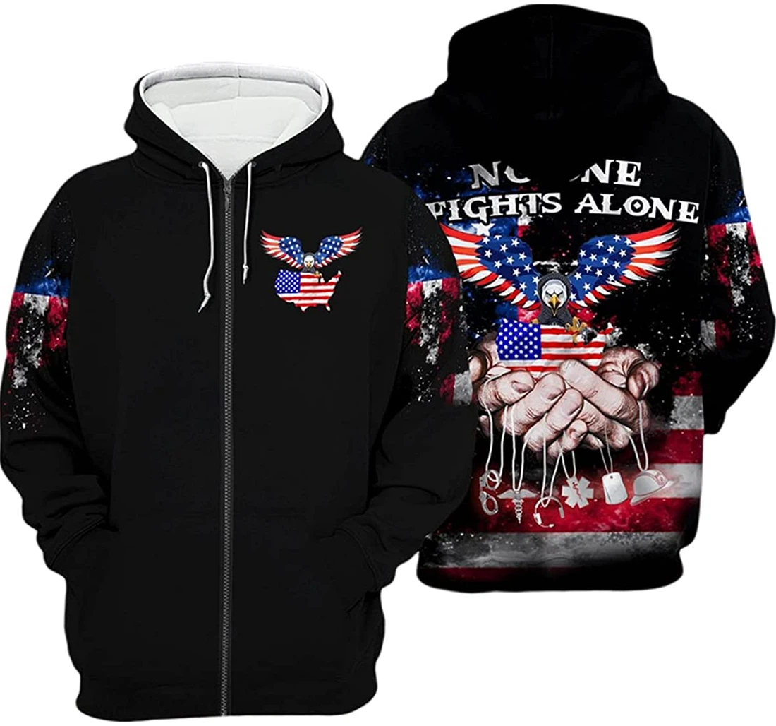 Us Independence Day American Eagle No One Fights Alone - 3D Printed Pullover Hoodie