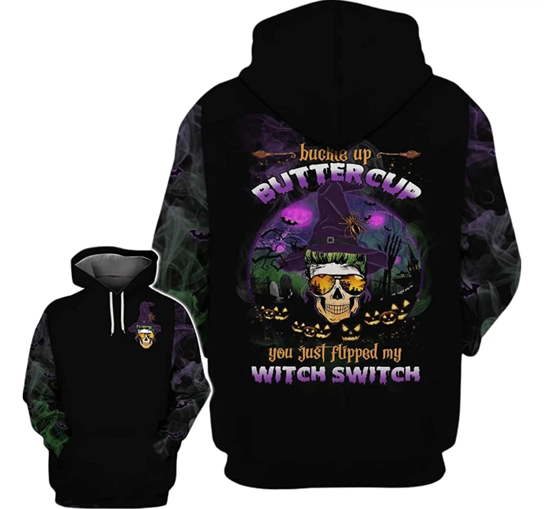 Halloween Buckle Up Buttercup Skull Witch Pumpkin - 3D Printed Pullover Hoodie