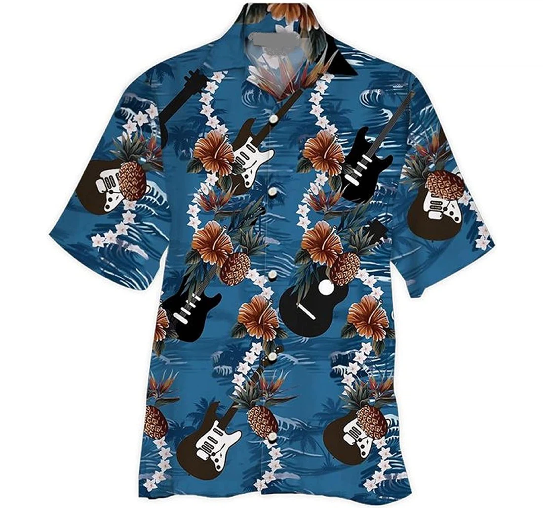 Guitar, Flower And Coconut Tree Navy Gifts And Hawaiian Shirt, Button Up Aloha Shirt For Men, Women