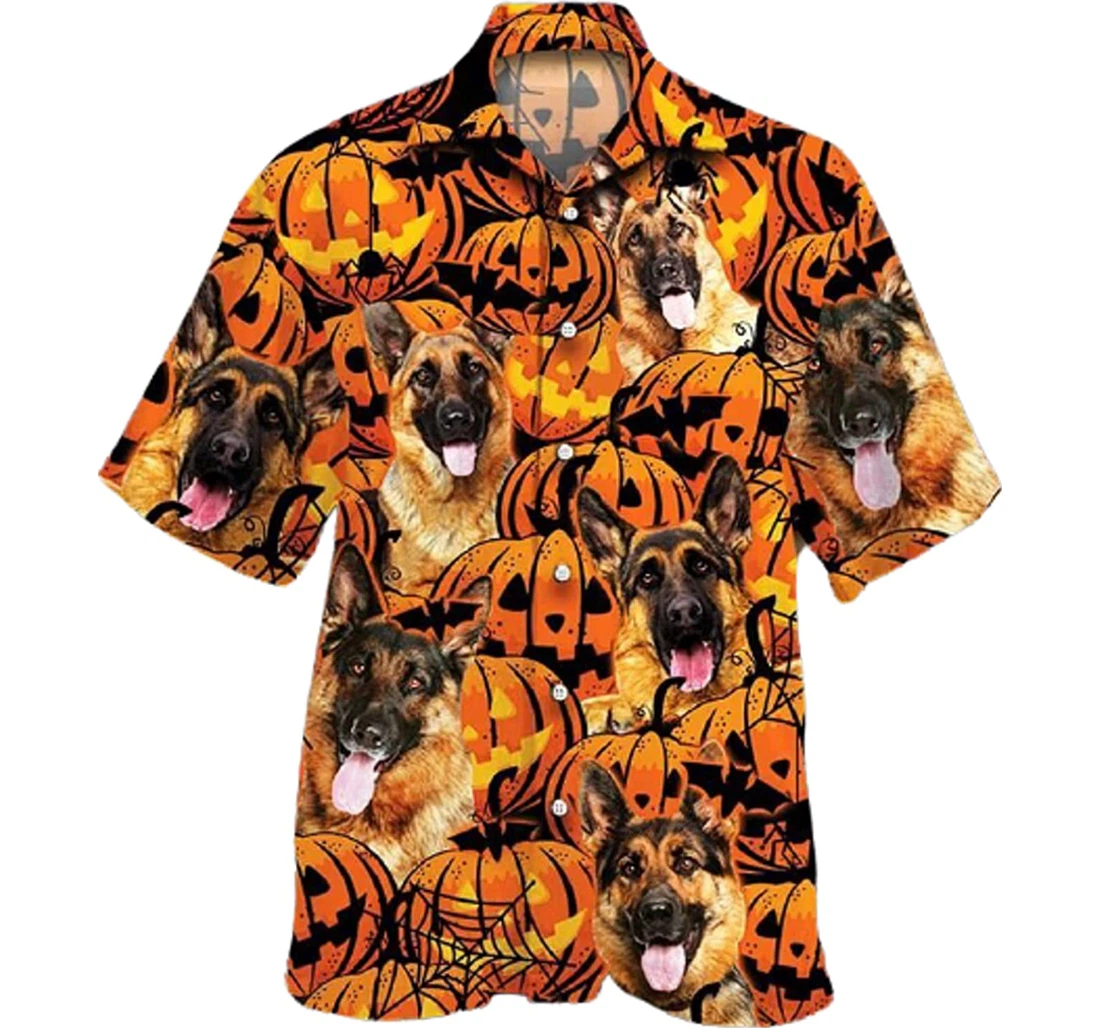 German Shepherd Dog Lovers Halloween Pumpkin Gifts And White Hawaiian Shirt, Button Up Aloha Shirt For Men, Women