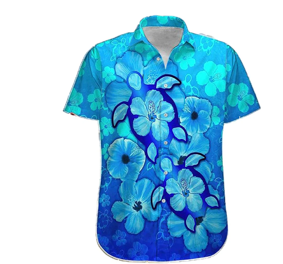 Turtle And Hibiscus Flower Blue Turtle Lover, Gift And Hawaiian Shirt, Button Up Aloha Shirt For Men, Women