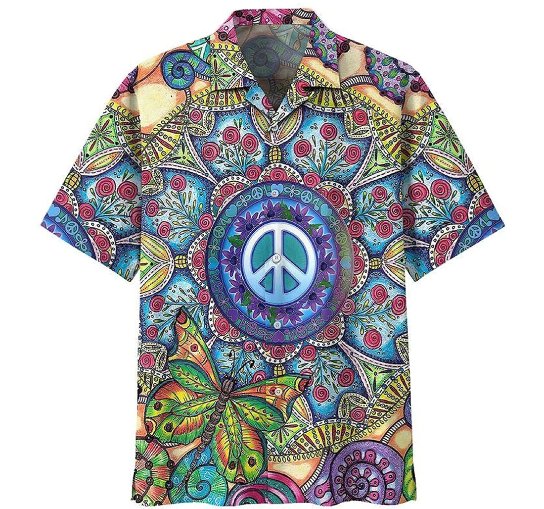 Hippie Peace Sign Dragonfly Gift And White Hawaiian Shirt, Button Up Aloha Shirt For Men, Women