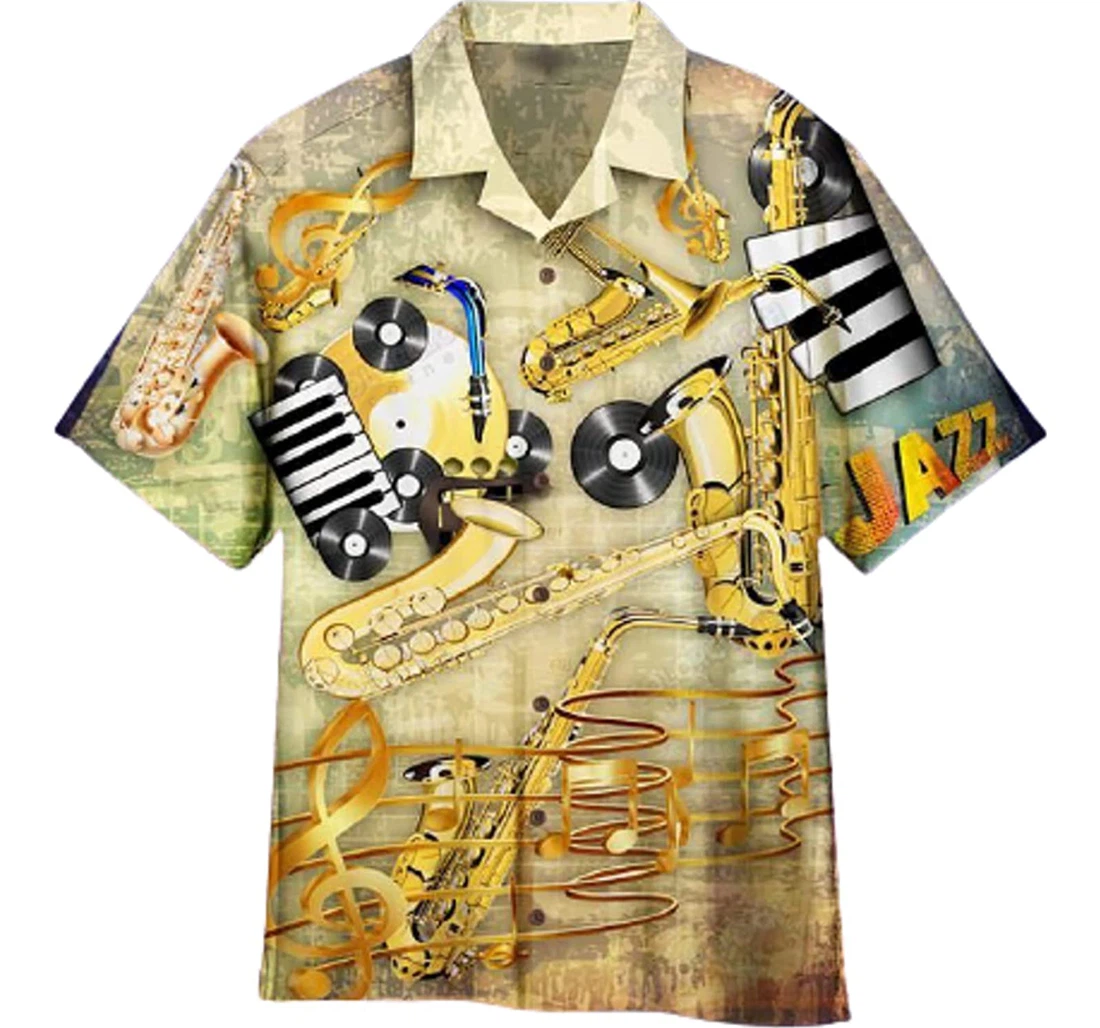 Saxophone Jazz Music And White Hawaiian Shirt, Button Up Aloha Shirt For Men, Women