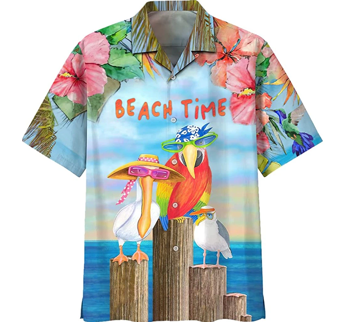 Parrot - Beach Time Hibiscus Flower, Gift And White Hawaiian Shirt, Button Up Aloha Shirt For Men, Women