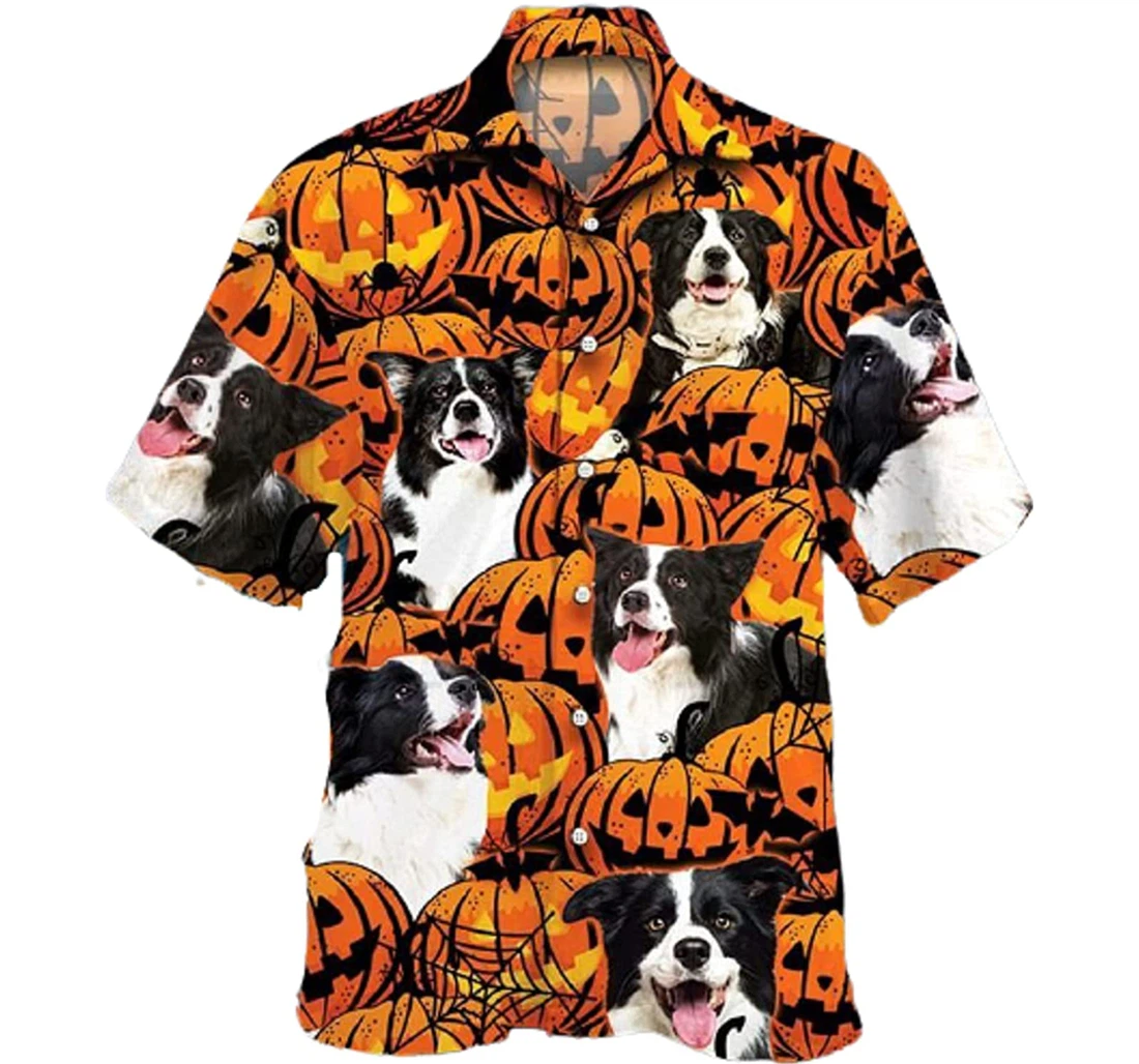 Border Collie Dog Lovers Halloween Pumpkin Gifts And White Hawaiian Shirt, Button Up Aloha Shirt For Men, Women