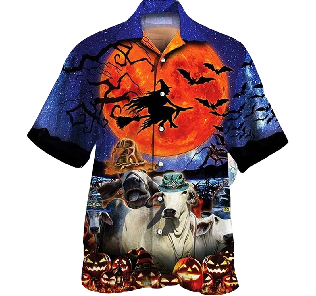 Witch Moon Red Cow Charolais Cattle Lovers Halloween Night Gifts And Hawaiian Shirt, Button Up Aloha Shirt For Men, Women