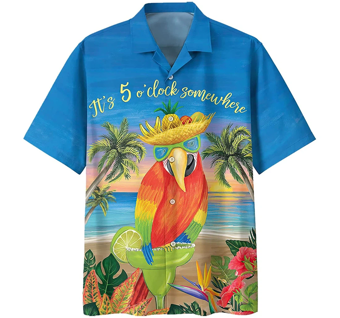 Parrot - It's O'clock Somewhere, Beach And Palm Tree Gift And White Hawaiian Shirt, Button Up Aloha Shirt For Men, Women