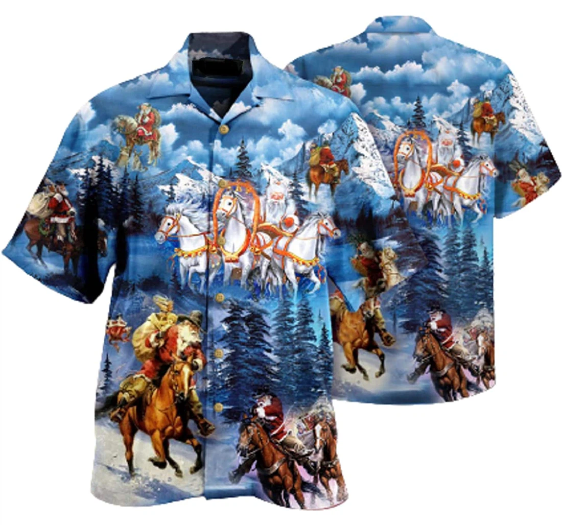 Horses And Santa Love Christmas Forest White Hawaiian Shirt, Button Up Aloha Shirt For Men, Women