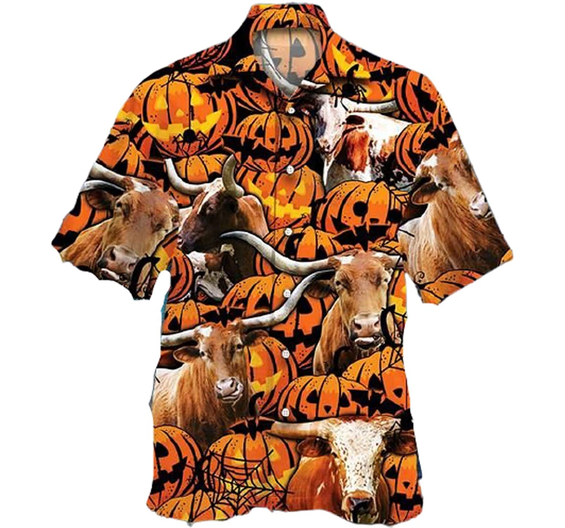 Cow Longhorn Cattle Lovers Halloween Pumpkin Gifts And White Hawaiian Shirt, Button Up Aloha Shirt For Men, Women