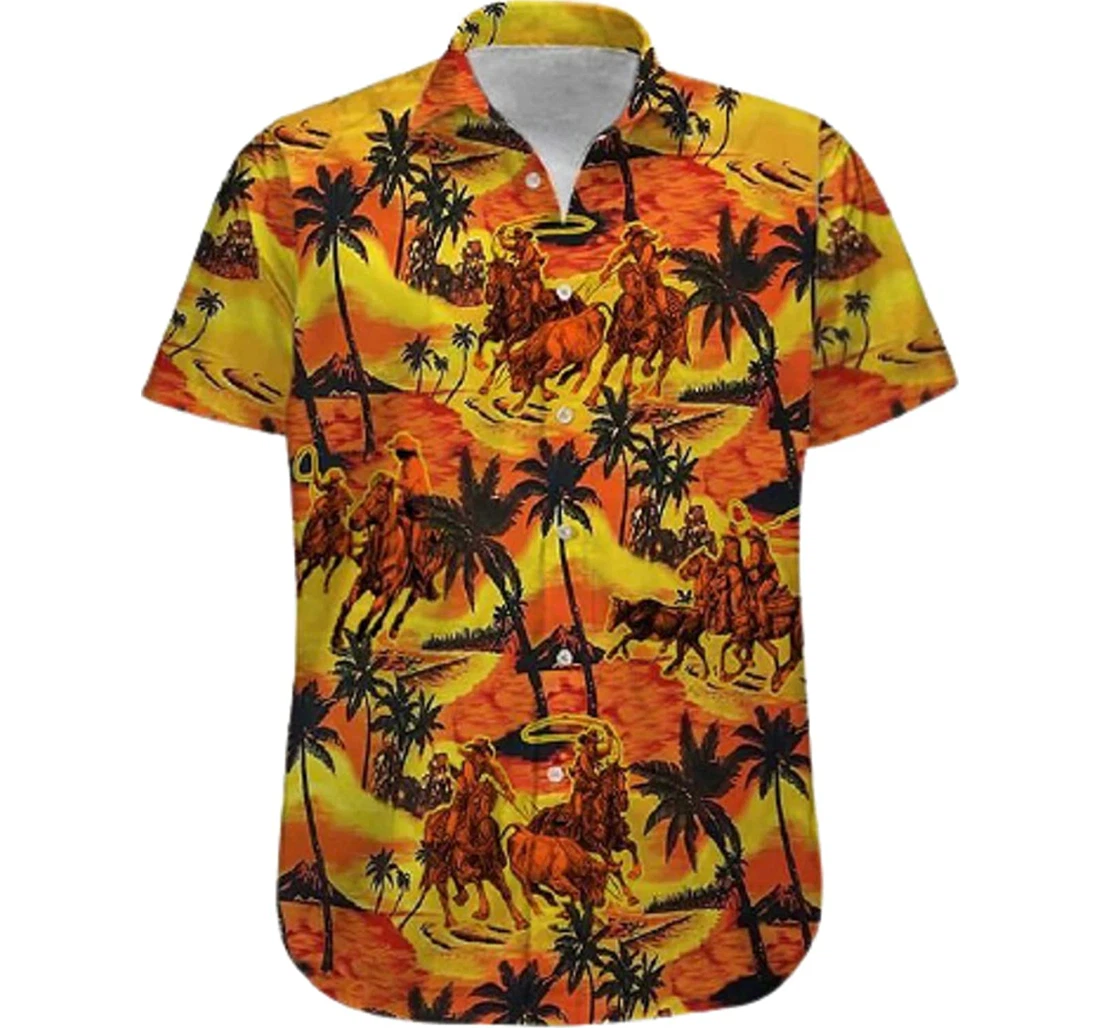 Team Roping And Palm Tree Gifts And White Hawaiian Shirt, Button Up Aloha Shirt For Men, Women