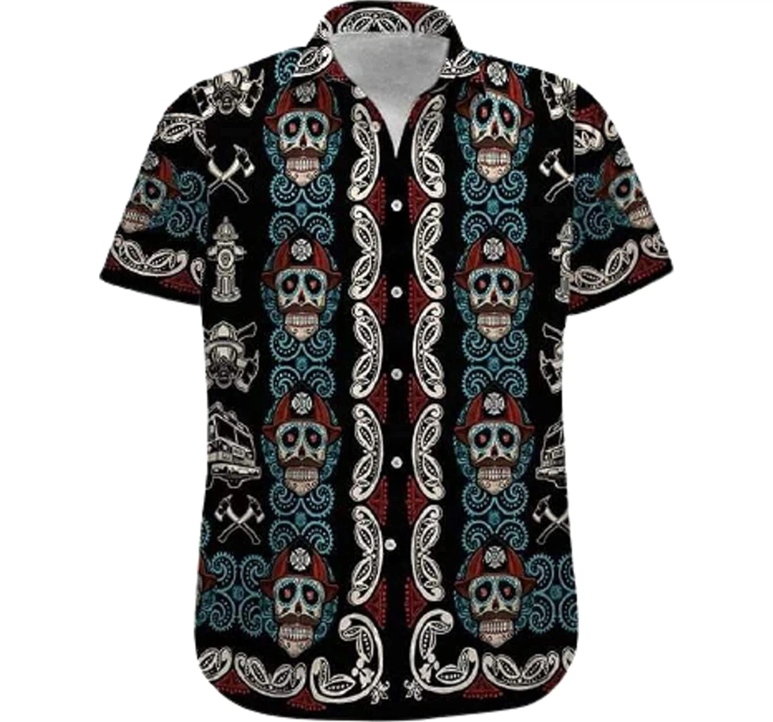 Shirts Skull Sugar Firefighter White Hawaiian Shirt, Button Up Aloha Shirt For Men, Women