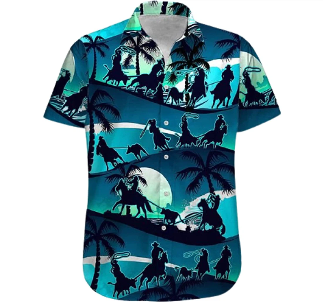 Palm Tree Moon And Team Roping Blue Sea Hawaiian Shirt, Button Up Aloha Shirt For Men, Women