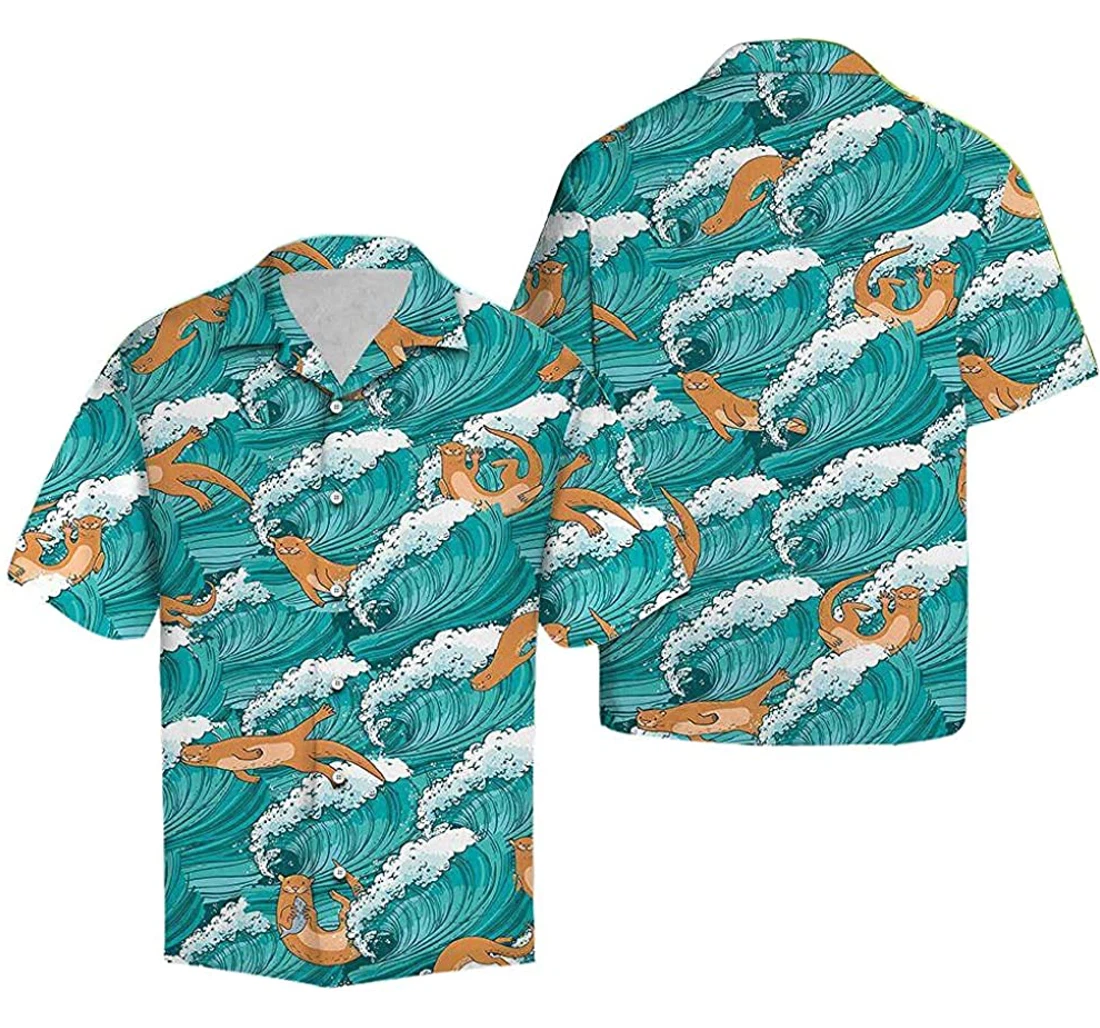 Otter Sea Waves Soft Hawaiian Shirt, Button Up Aloha Shirt For Men, Women