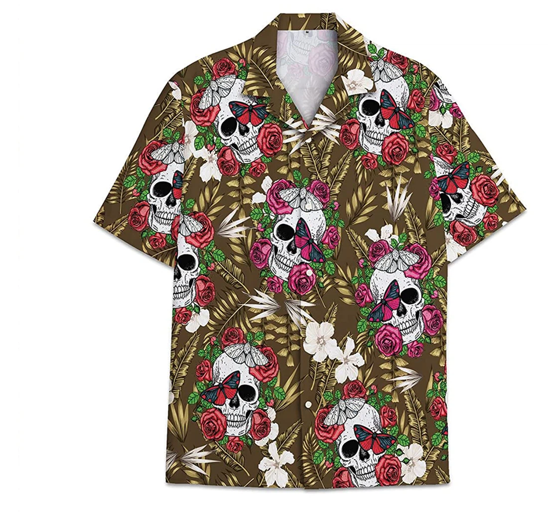 Flower Skull Funny Beach Shirts Avic Hawaiian Shirt, Button Up Aloha Shirt For Men, Women