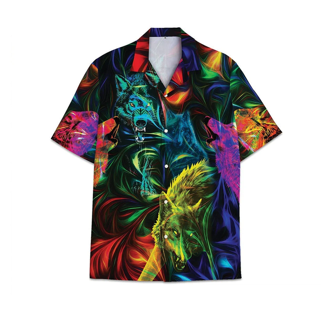 Colorful Wolf Funny Beach Shirts Hawai Hawaiian Shirt, Button Up Aloha Shirt For Men, Women