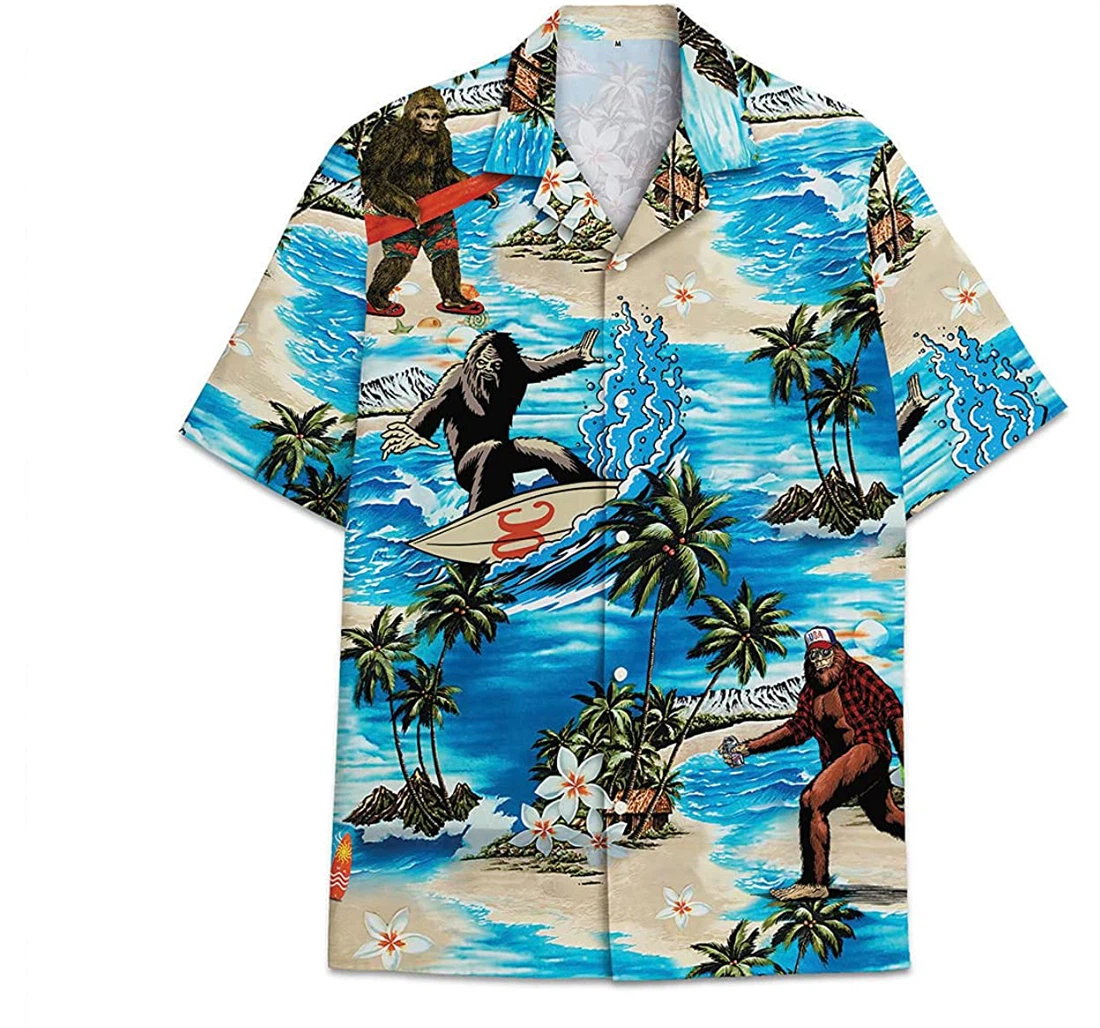 Bigfoot Beach Blue Palm Funny Beach Shirts Hawaiian Shirt, Button Up Aloha Shirt For Men, Women