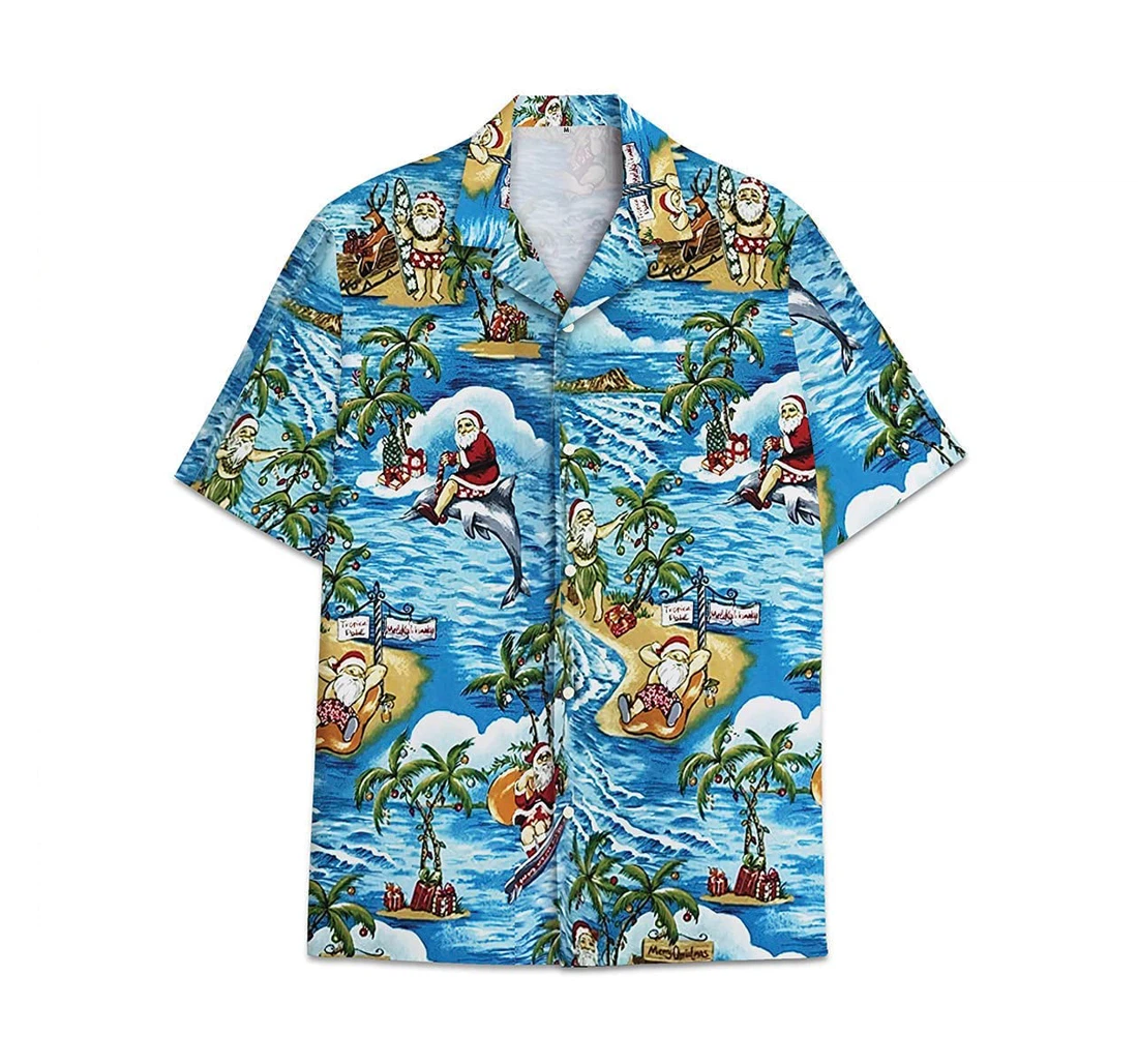 Santa Claus Surfing Dolphin Funny Beach Shirts Hawaiian Shirt, Button Up Aloha Shirt For Men, Women