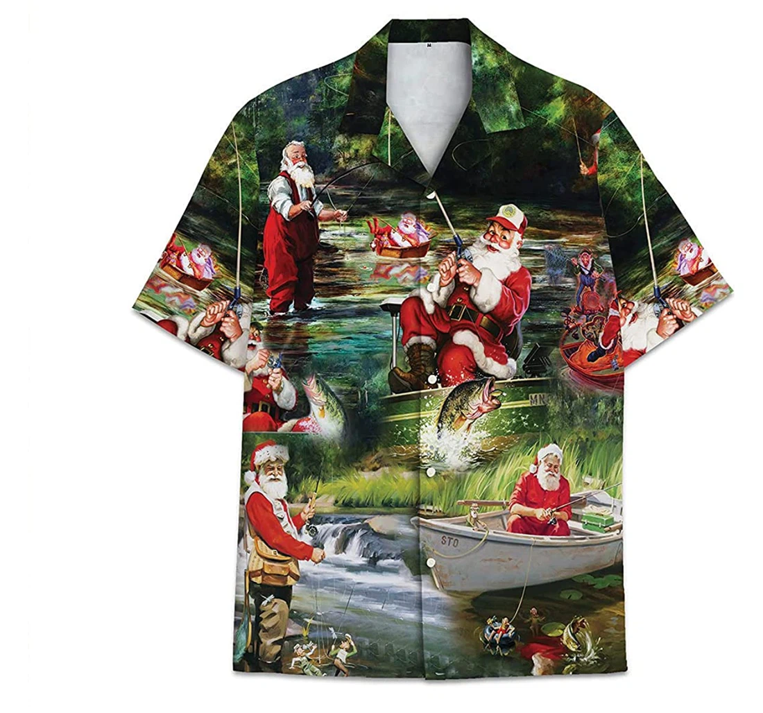 Christmas Santa Claus Fishing Funny Beach Shirts Avic Hawaiian Shirt, Button Up Aloha Shirt For Men, Women