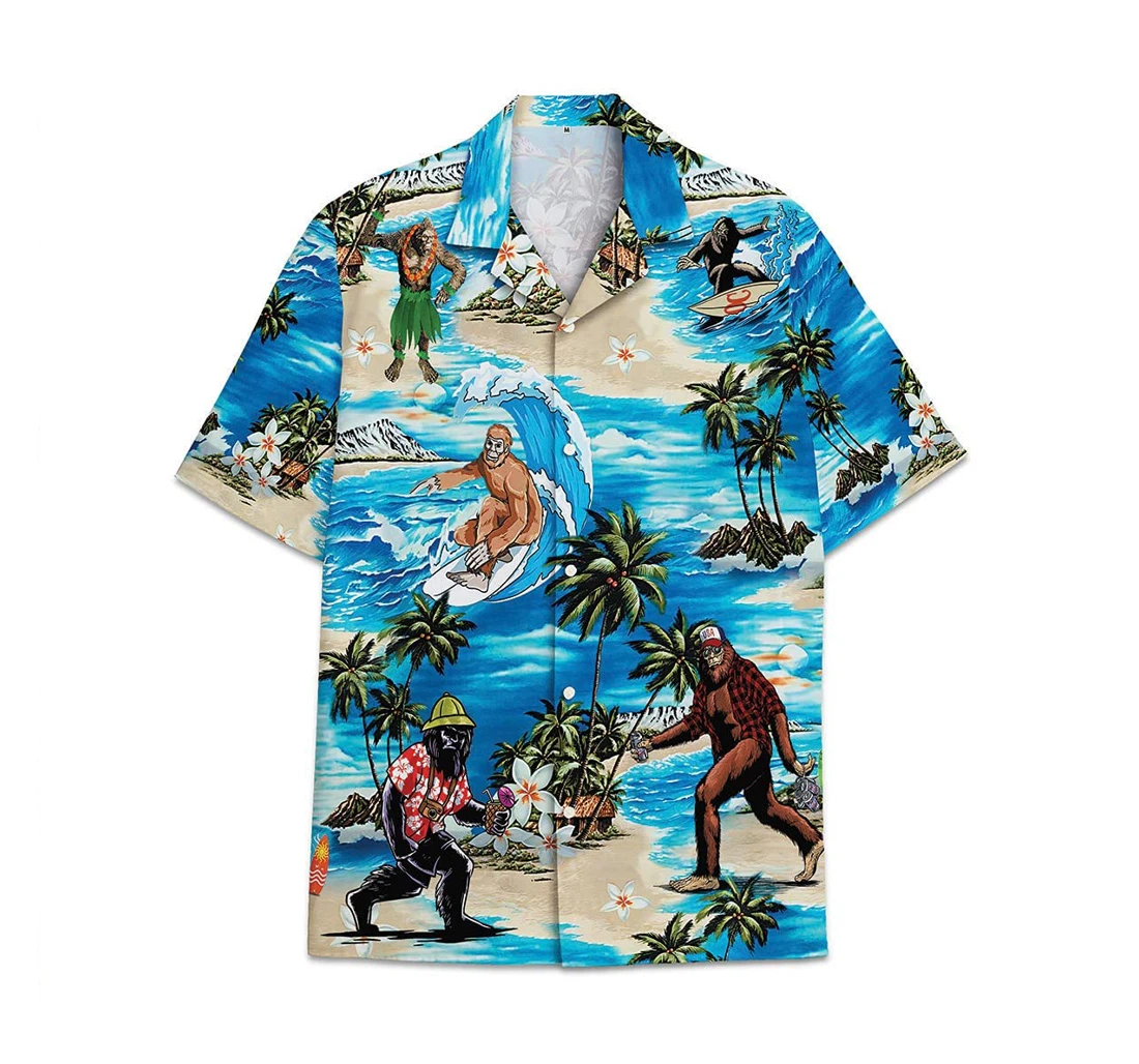 Bigfoot Beach Blue Palm Funny Beach Shirts Hawaiian Shirt, Button Up Aloha Shirt For Men, Women