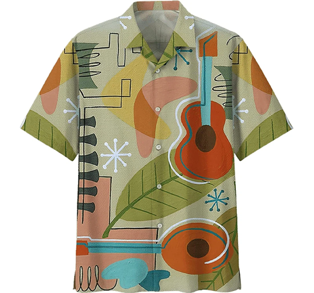 Guitar Drawing White Hawaiian Shirt, Button Up Aloha Shirt For Men, Women