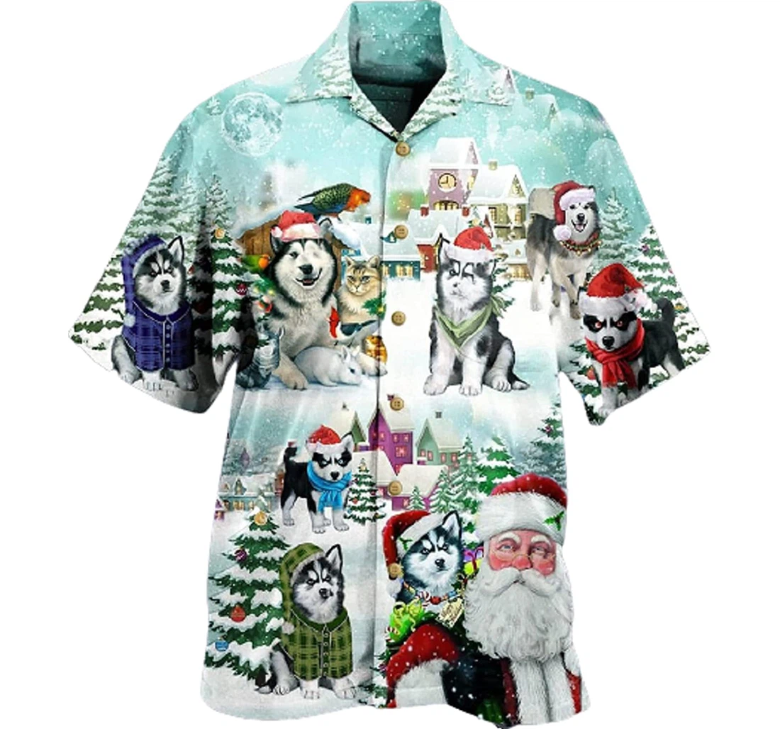 Dogs With Christmas Snow And Ice And Santa Hawaiian Shirt, Button Up Aloha Shirt For Men, Women