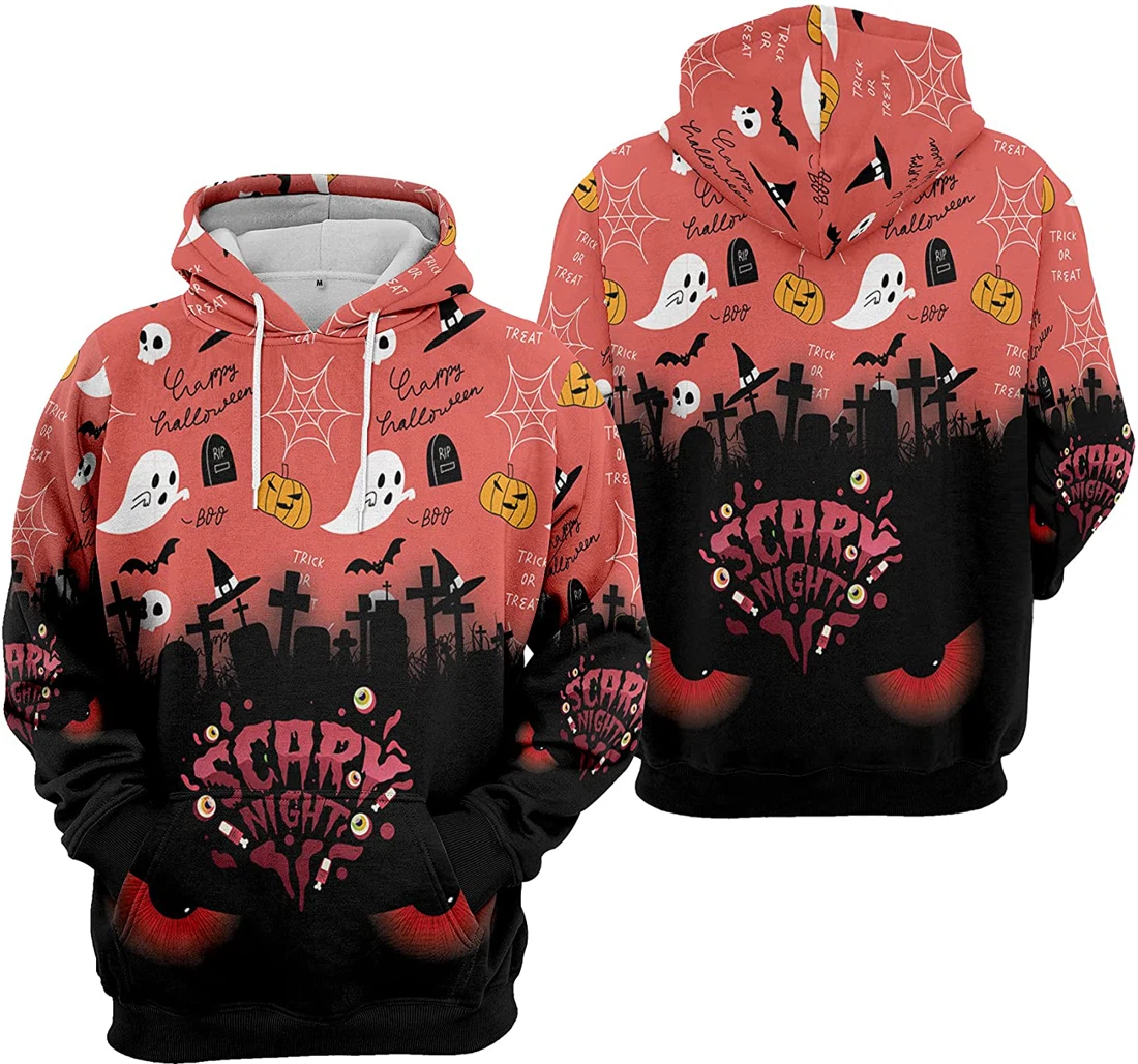 Scary Night Devil Eyes Cemetery Bat Cat Pumpkin Halloween - 3D Printed Pullover Hoodie