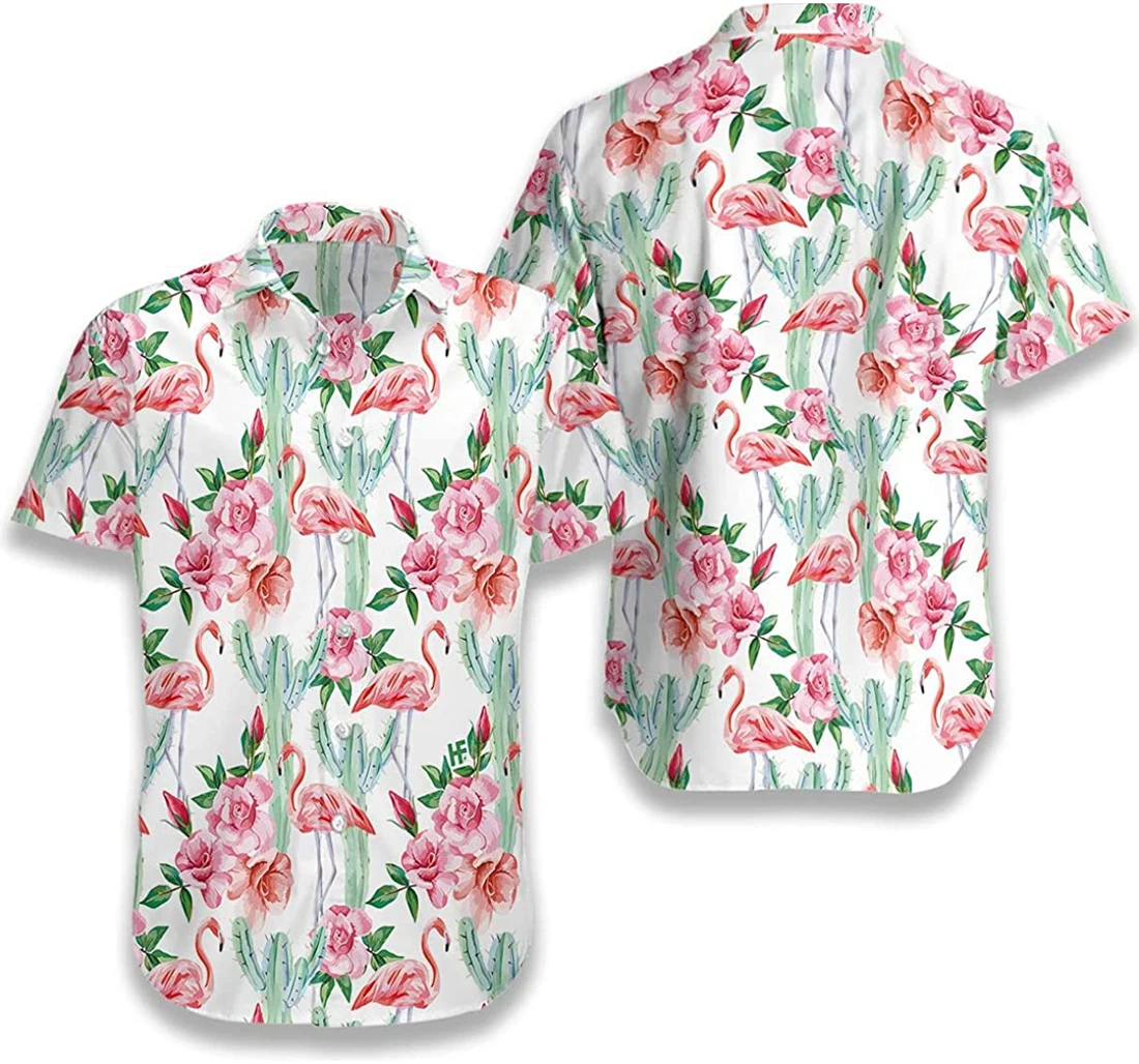 Flamingo Cactus And Hibiscus Flower Gift And White Hawaiian Shirt, Button Up Aloha Shirt For Men, Women