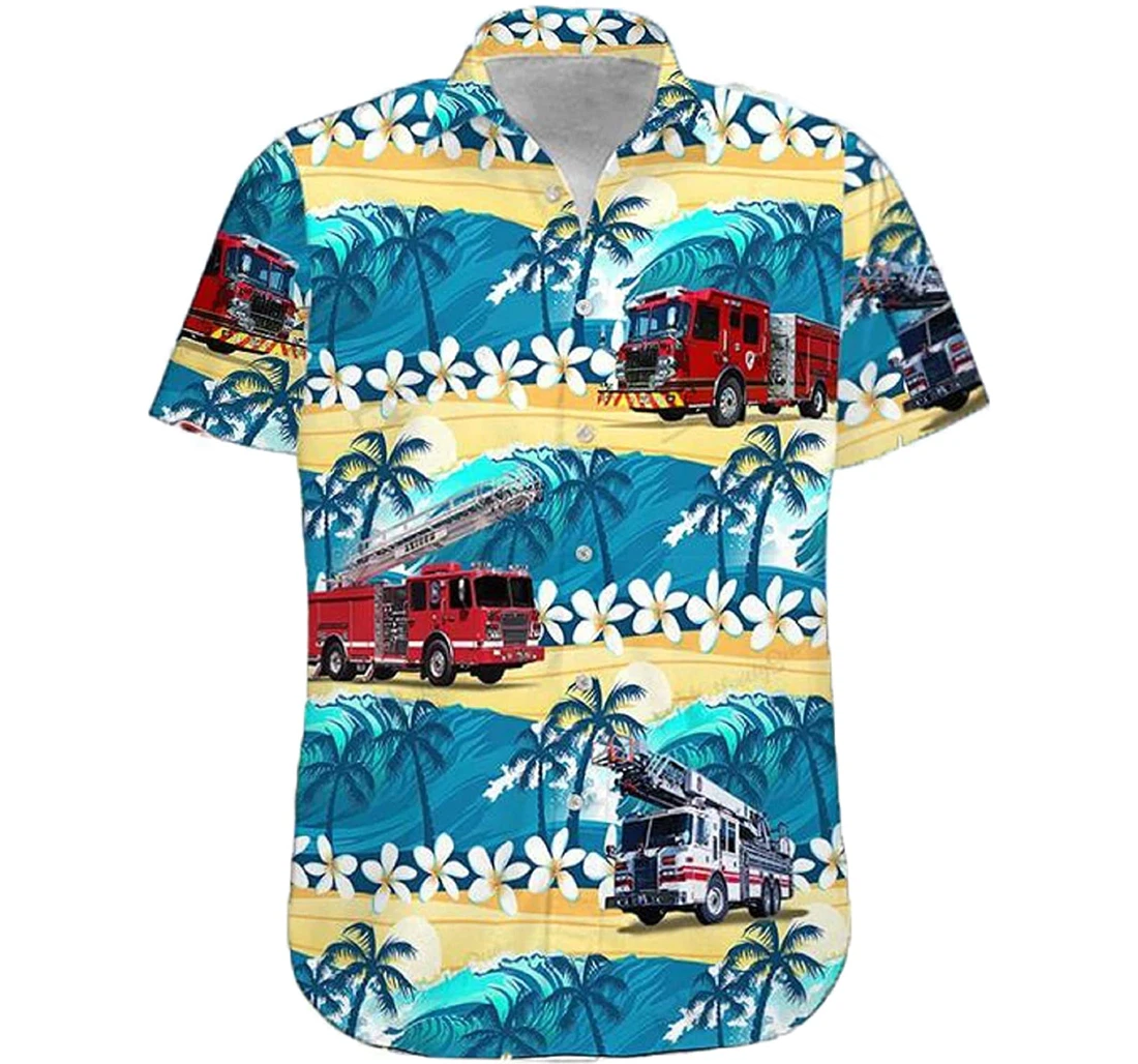 Firefighter - Fire Truck Blue Sea, Hibiscus Flower And Palm Tree Hawaiian Shirt, Button Up Aloha Shirt For Men, Women