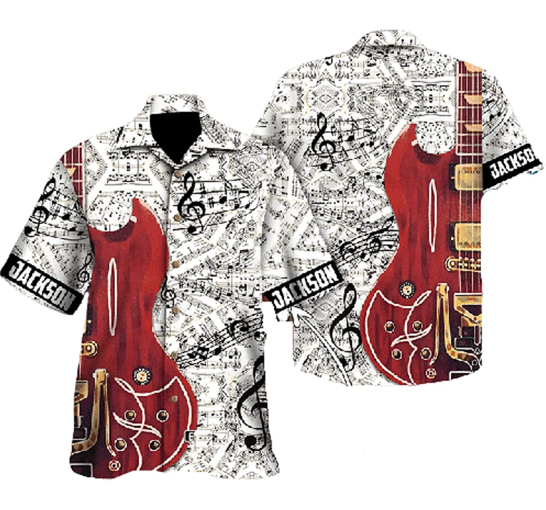 Custom Name Red Guitar Music Notes Pattern Hawaiian Shirt, Button Up Aloha Shirt For Men, Women