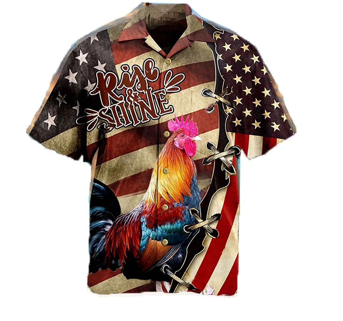 Rooster And American - Rise & Shine Chicken Lover, American Flag White Hawaiian Shirt, Button Up Aloha Shirt For Men, Women