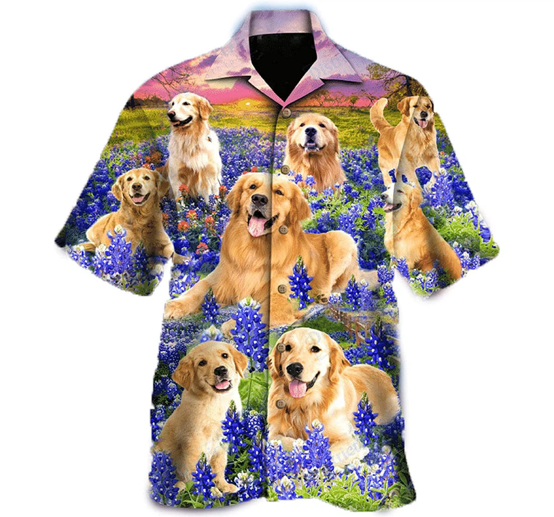 Golden Retrievers In The Bluebonnet Dog Lover, Gift And White Hawaiian Shirt, Button Up Aloha Shirt For Men, Women