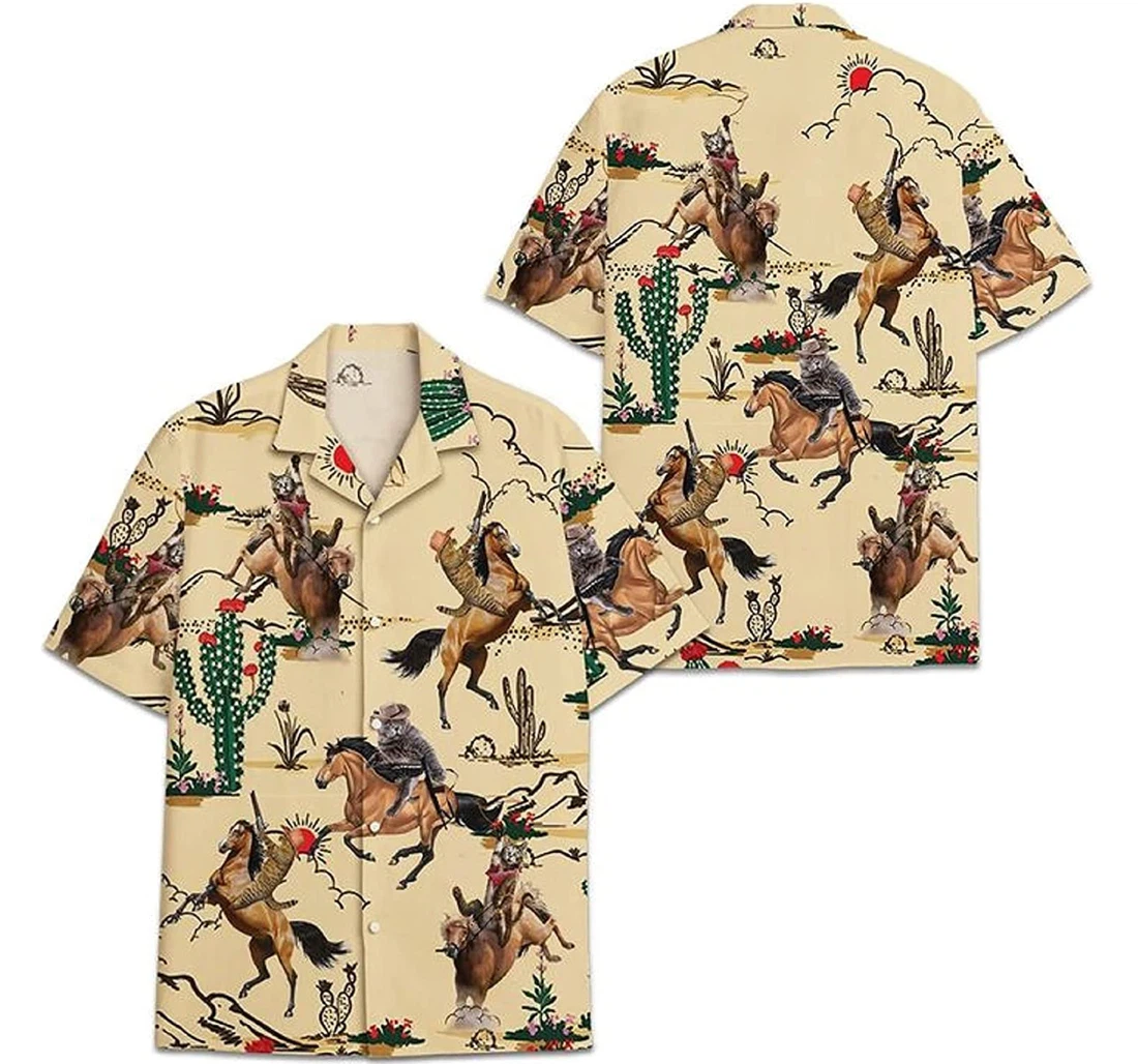Cowboy Cat Cactus Gift And White Hawaiian Shirt, Button Up Aloha Shirt For Men, Women